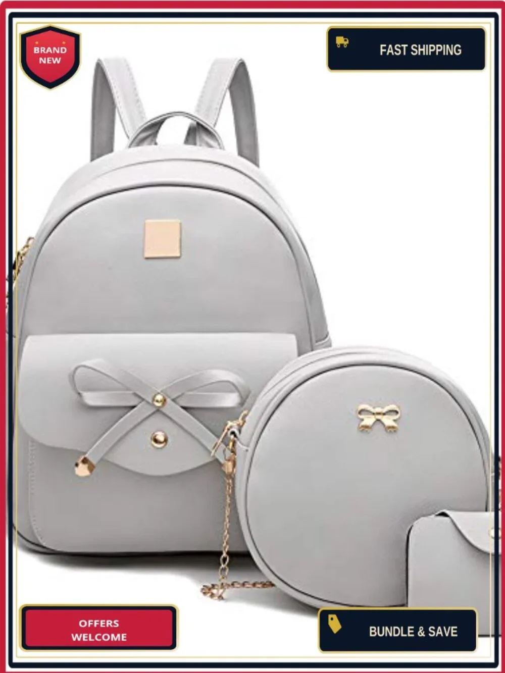 Faux Leather Bowknot 3-Piece Backpack for Women Ladies Rucksack Travel